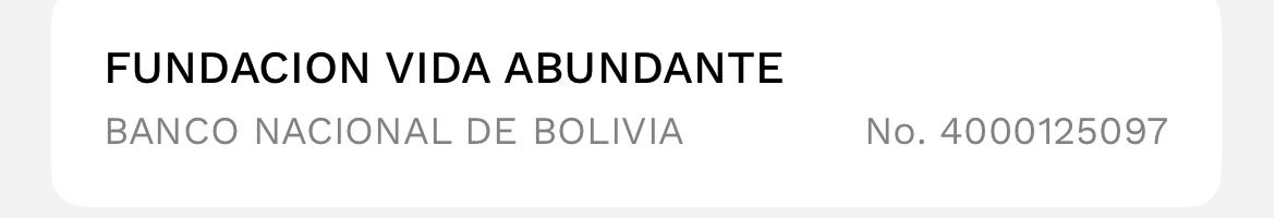 Comprobante de titularidad: Fundación Vida Abundante, Banco Nacional de Bolivia, cuenta 4000125097